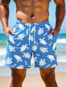 Manfinity VDAYZ Męskie spodenki kąpielowe z nadrukiem żółwia morskiego, ściągane w pasie, z kieszeniami, kąpielówki plażowe, strój kąpielowy na basen