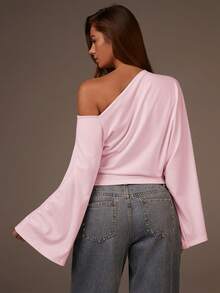 Athîral Áo thun tay dài hở vai màu trơn dành cho nữ, thường ngày, đa năng, đi làm hàng ngày, dự tiệc - Màu Hồng baby - Xem 2