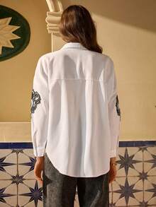 Bóhologie Women's Boho White Button Down Blouse – Long Sleeve Shirt With Black Embroidered Sleeve Detail, Chic Casual Vintage Hippie Top Button Up Women Shirt Collar Shirt For Women Shirts For Woman Boho Shirt Cowgirl Shirt - White - View 4