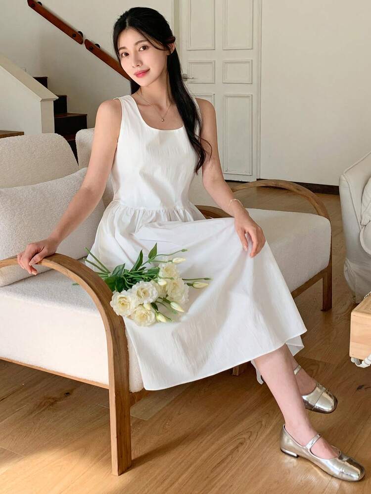 Women's Solid Color Square Neck Pleated Pocket Casual Midi Dress, Sleeveless Sundress