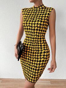 Glyssa Women's Houndstooth Collar Elegant Waist Cinched Mini Dress, Suitable For Party And Gathering - Yellow - View 5