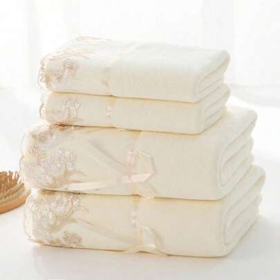 3PCS/Set Super Large Towel Set, Including 1 Bath Towel And 2 Highly Absorbent Hand Towels, Suitable For Shower And Beach Use, With Lace And Bowknot Home Bathroom Decor Fall Decor Back To School For Beauty Salon Home Bathroom Shower Towels For Beauty Salon, Hotel Sports,Home Essentials, Towel, Skin Care Bath Towel Sheet