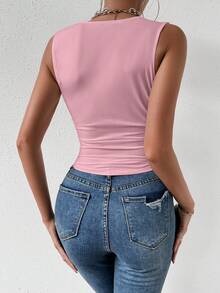 Rafferiza Pink Cowl Neck Ruched Sleeveless Regular Hem Tank Top For Women - Pink - View 2