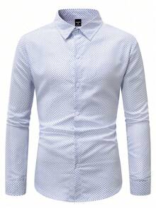 Manfinity Mode Kemeja Pria Ukuran Besar Lengan Panjang Bermotif Seluruh Permukaan Kancing Tunggal Kasual untuk Bisnis dan Kerja, Warna Biru Muda Musim Gugur, Motif Grafis Bergaya Klasik untuk Pria - Putih - View 4