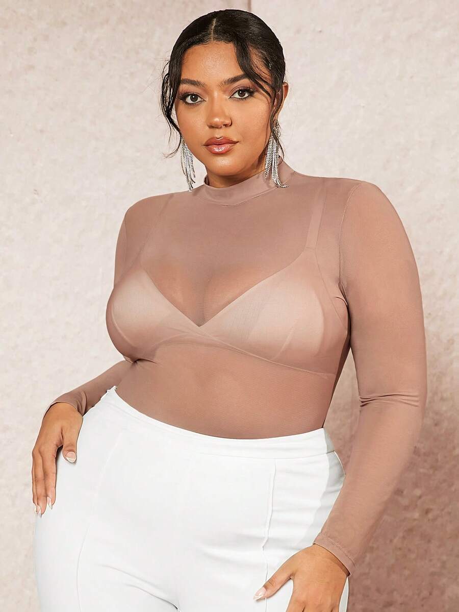 SHEIN BAE Plus-Size Women's Long Sleeve Mesh Top - Dusty Pink - View 1