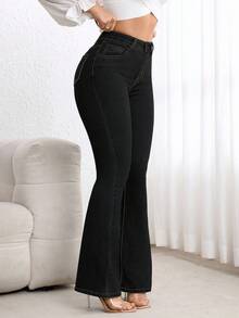 Flexra Women's High Waist Pockets Casual Versatile Flare Leg Jeans - Black - View 3