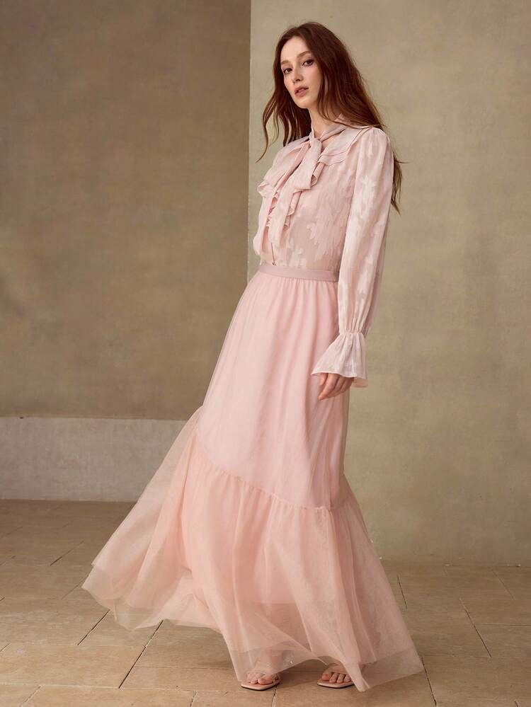 ELEGANT ASYMMETRIC MESH PATCHWORK PINK MERMAID SKIRT