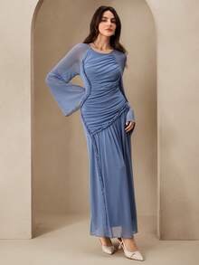 Graceveil Elegant Party Dress For Women, Round Neck, Asymmetrical Design, Pleated Splice, Long Sleeve, Slim Fit - Blue - View 6