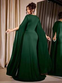Cravure Plus Size Women Elegant V-Neck Pleated Stretchy Maxi Dress, Chiffon Patchwork Long Sleeve, Waist Snowflake Decor Belt With Safety Buckle, Suitable For Evening, Wedding, Party, Formal Gown, Luxurious & Graceful - Dark Green - View 2