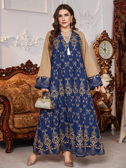 Al Najma Plus Size Women Embroidered Patchwork Tassel Pendant Dress, Spring