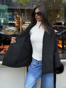 Aloruh Áo khoác len pha trộn thời trang thu/đông cho nữ, cổ áo choàng, chắp vá, cổ tay bằng lông nhân tạo - Màu xám đen - Xem 6