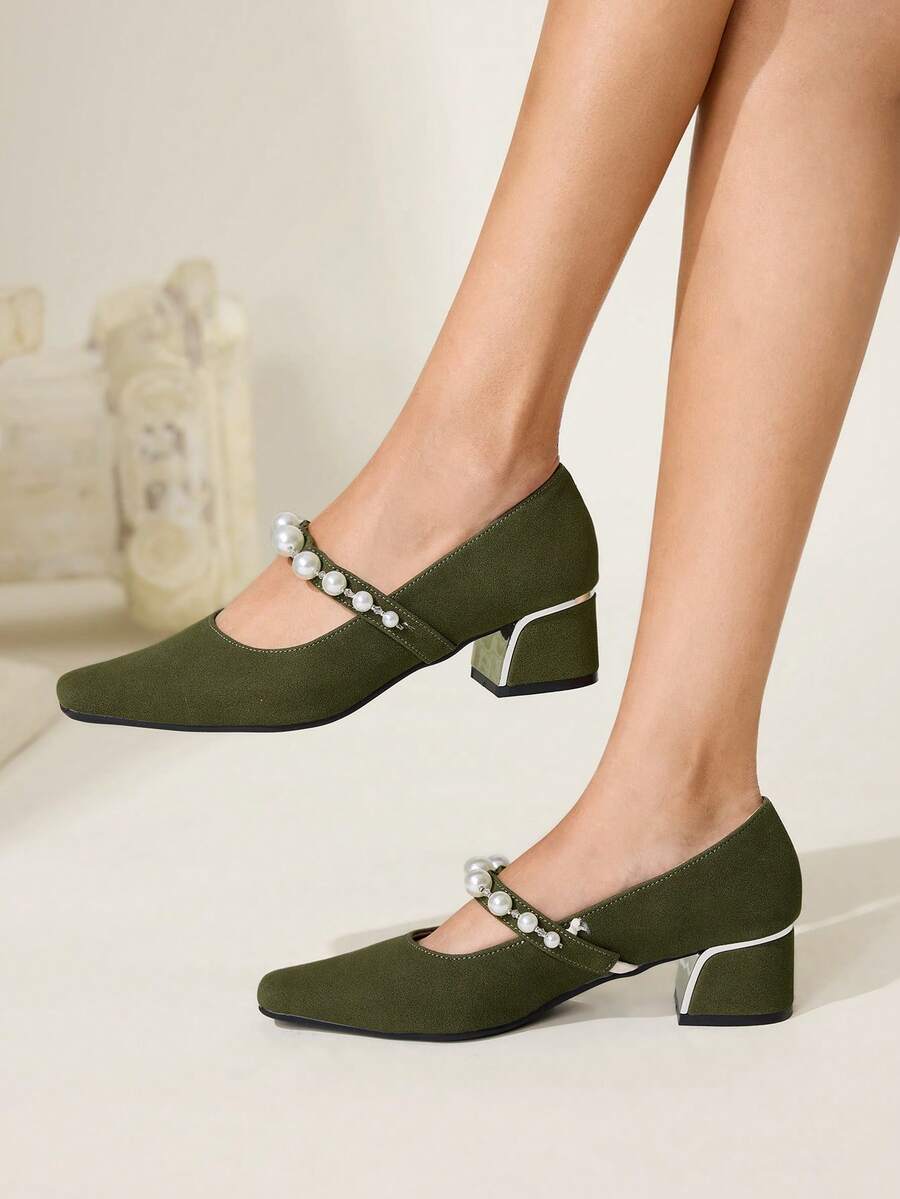 CUCCOO CHICEST Women's Vintage Elegant Suede Pumps With Pearl, Rhinestone Chain Strap, Square Toe, Block Heel, Suitable For Formal Occasions, Parties, Christmas, New Year, Green - Green - View 1