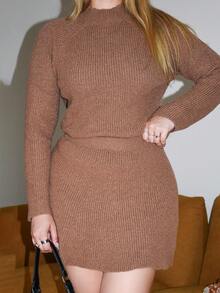 Arliah Conjunto de 2 piezas con blusa holgada y casual de cuello redondo con textura y falda plisada - Marrón - Ver 6