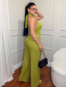 SHEIN SXY 休闲通勤无袖上衣和裤子套装 - 綠色 - 查看 2