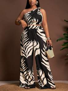 Veslaya 春夏新款优雅度假风性感修身黑色杏色热带植物印花无袖露脐上衣和口袋阔腿裤女式加大码两件套 - 黑與白 - 查看 9