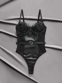 EmpressEnvy Women's PU Leather & Lace Patchwork Sexy Bodysuit With Belt And Heart-Shaped Buckle - Black - View 7