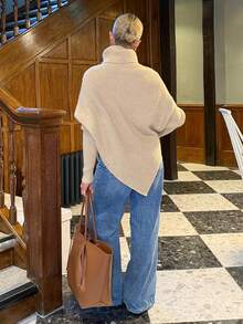 Bethéva 女士新款露肩裹身长款毛衣，乳白色，秋冬 - 米色 - 查看 2