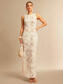 Silquee Vestido de malla transparente de punto jacquard para mujer, primavera/verano - Blanco - Ver 4