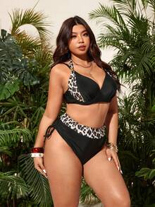 Swim Vcay Plus Size Women's New Solid Color Patchwork Printed 2-Piece Swimwear, Gathered Style Sexy Hard Cup Underwire Swimwear, Solid Color Hard Cup Paired With Elegant Printed Outer Piece High-End Metal Accessory Top, Slimming High Waist Solid Color Patchwork Printed Triangle Bottom, Casual Fashionable Resort Beach Swimwear - Multicolor - View 3