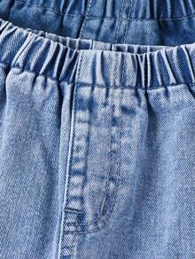 SHEIN Playful Pals 男童复古休闲街头风多口袋宽松舒适弹力腰水洗蓝牛仔工装裤 - 彩色 - 查看 3