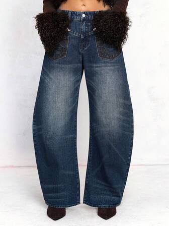 ROMWE Avant Weite Beine, locker sitzende, tief sitzende, asymmetrische, zerstörte Maxi-Jeans mit Stickerei, American Baddie Stil