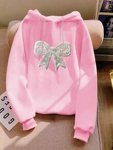 SHEIN 重工蝴蝶结串珠饰品粉色连帽女毛绒毛衣，甜美可爱，适合秋冬季，蝴蝶结饰品，串珠装饰，现在流行，时尚T恤，漂亮的运动衫，兄弟姐妹礼物，姐妹礼物，妈妈礼物，母亲节礼物，休闲简约时尚上衣 - 粉色 - 查看 3