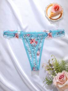 SHEIN Women's Elegant Sexy Lace Low-Rise Thong Panties Lace Thong Panties Floral Thong Panties Women Thong Underwear Cute Thong - Blue - View 2