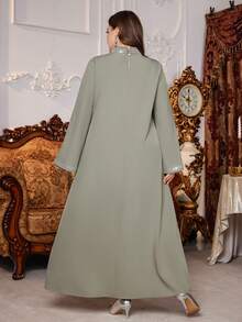 Al Najma Plus Size Women's Elegant Solid Color Luxurious Holiday Long Sleeve Shiny Rhinestone Decorated Fashionable Turkish Maxi Dress Kaftan Jalabiya Dress - Green - View 2