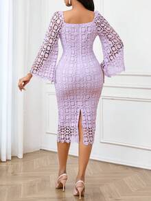 SHEIN Lady Váy dạ hội hóa trang bốn mùa thu Váy nữ thanh lịch Váy tím mùa thu Váy cưới vải ren rỗng Váy dạ hội tím Trang phục dự tiệc ren tay dài cho nữ Váy dài tay xòe thanh lịch, ôm sát Trang phục mùa thu cho nữ - Màu tím - Xem 4