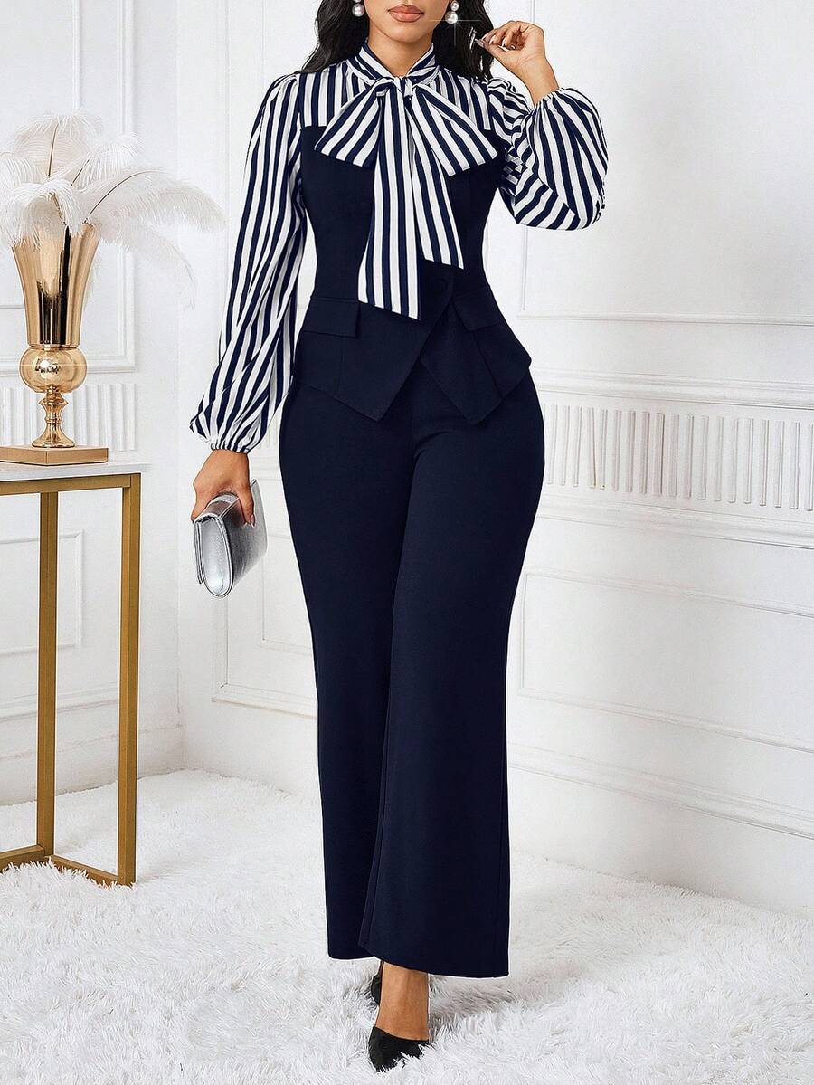 SHEIN Lady Bộ đồ thường ngày cho nữ, áo sơ mi tay loe kẻ sọc cổ bẻ và quần ống rộng - Màu xanh hải quân - Xem 1