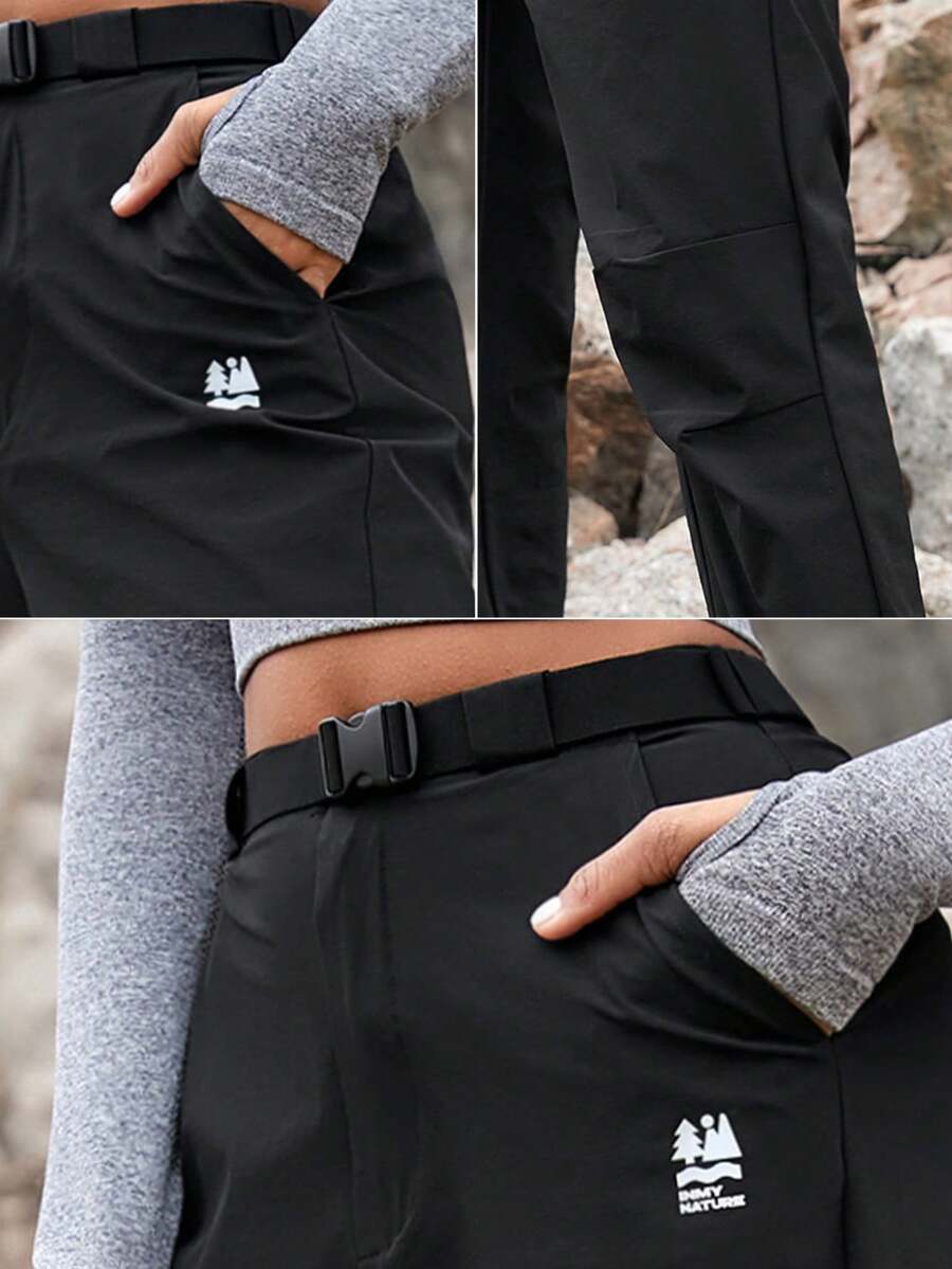 In My Nature 女式字母印花松紧腰户外长裤，女式徒步服装 - 黑色 - 查看 1