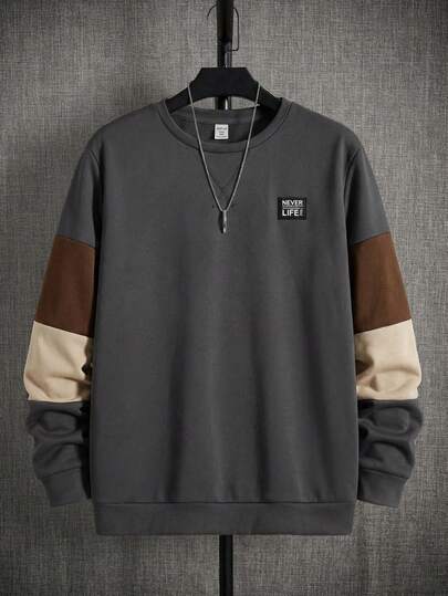 SHEIN Teens Boys' Casual Crew Neck Long Sleeve Contrast Color Block Sweatshirt, Loose Fit For Spring, Summer, Autumn, Winter, Suitable For Home & School