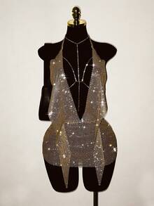 EgrlEra Petite Women's Rhinestone Fishnet Dress, Sparkling Rhinestone Embellished, Sexy Sheer Glittering, Suitable For Holiday Party Outfit - Gold - View 4