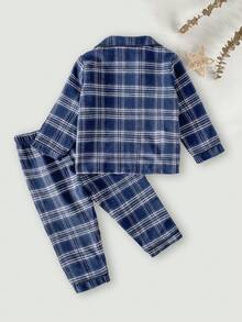 Baby Boys Pajamas-2 Piece Pajama Set Navy Plaid Button Front Long Sleeve Collared Top Full Length Pants Elastic Waist Cozy Breathable Sleepwear Two Piece Outfit Holiday New Year 2026 All Season Classic Family Gift Boys Pajama Sets Boy Pajamas Set Checkered Baby Boy Clothes Baby Boy Sleepwear