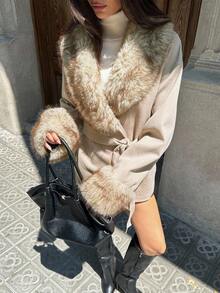 Aloruh 女士杏色拼接仿毛领设计时尚通勤休闲复古大衣，配腰带，秋冬季万圣节服装 - 卡其色 - 查看 8