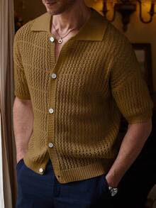 Manfinity Homme Men's Casual Solid Color Button Knit Sweater - Chocolate Brown - View 7