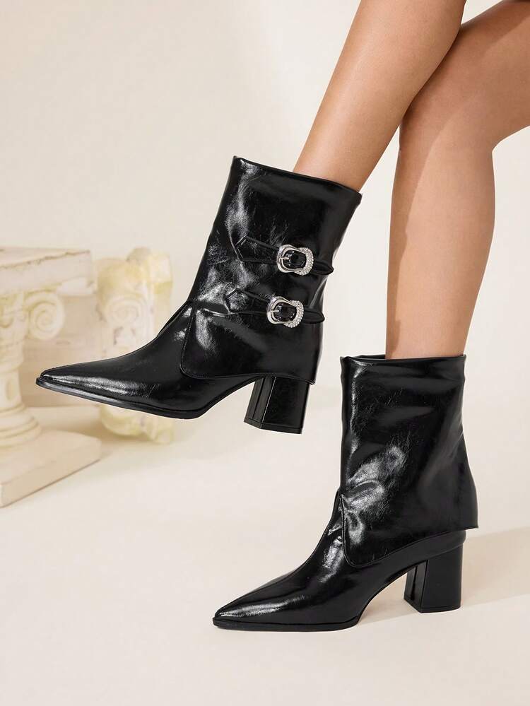 CUCCOO CHICEST Women's Fashion Pointed Toe Chunky High Heel Mid-Calf Boots