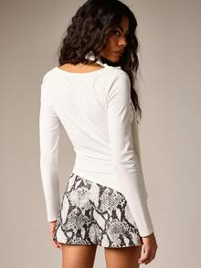 AiiRZ Long Sleeve Cowl Neck Top With Scarf Detail Draped Neckline Fitted Silhouette Fall Winter Essential - White - View 2