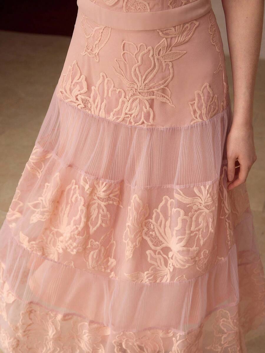 MOTF PREMIUM OFF-SHOULDER FLORAL EMBROIDERY MESH PATCHWORK DRESS, SPRING/SUMMER - Pink - View 2