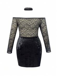 INAWLY Robe longue à manches longues, épaules dénudées, plissée, style ras-du-cou, motif léopard et dentelle, grande taille, - Noir - Voir 2