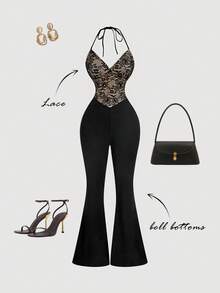 SHEIN MOD Women's Black Lace Patchwork Flare Elegant Halter Jumpsuit, Elegant Jumpsuit For Women, Elegant Outfit For Party, Black Club Outfit, Sexy Date Night Outfit, Lace Jumpsuit, Bodycon Jumpsuit,Spring Outfit Women - Black - View 3