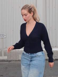 Turnttoni Cárdigan de punto con cuello en V, abotonado, cintura acanalada, puños ajustados, estilo primaveral Y2K de los 90, casual, lindo, para aeropuerto, vacaciones, verano, otoño, invierno, uso diario, Navidad, trabajo, oficina, Acción de Gracias, elegante - Azul Marino - Ver 5