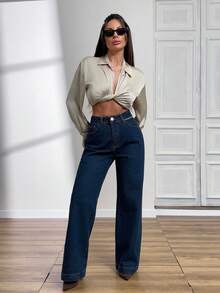 SHEIN 100%Cotton Women Casual Straight Leg Washed Denim Jeans Jeans For Women Wide Leg Pants - Medium Wash - View 4