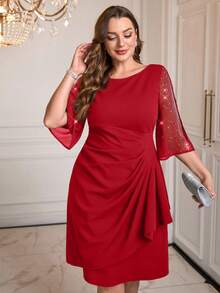 Gownix Đầm tay xẻ viền bèo đính đá sang trọng cỡ lớn cho nữ - Đỏ - Xem 4
