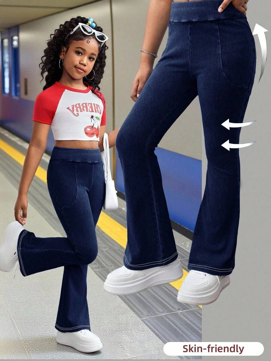 Quần jeans ống loe ôm sát, co giãn, thoải mái, cơ bản, dành cho bé gái tuổi teen, thích hợp mặc hàng ngày, mùa hè, mùa xuân, đi lễ hội và đi biển. Quần thể thao màu xanh navy, độ co giãn cao. - Rửa tối - Xem 1