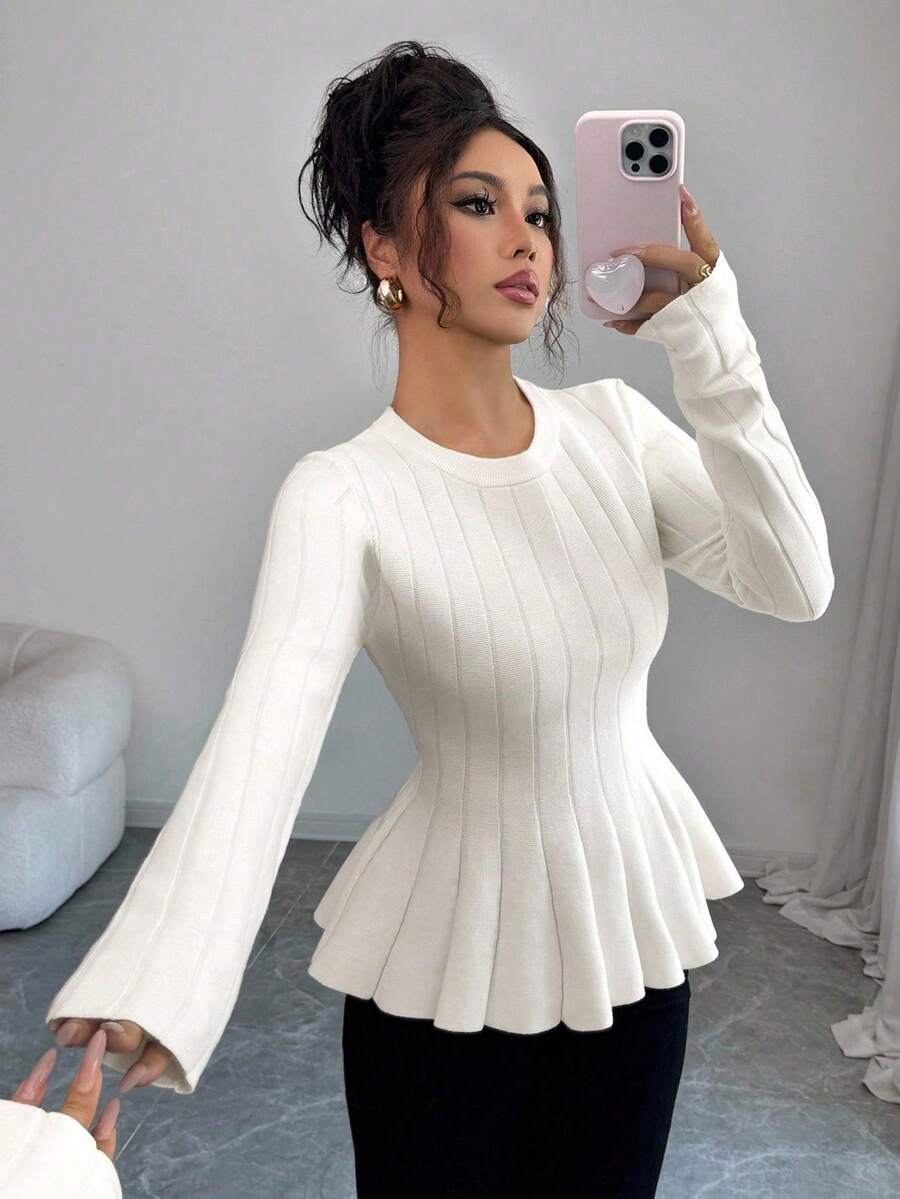 Elenzga كنزة صوفية نسائية أنيقة ذات قصة ضيقة وياقة مستديرة وأكمام طويلة بلون أحادي، خريفية - أبيض - مشاهدة 1