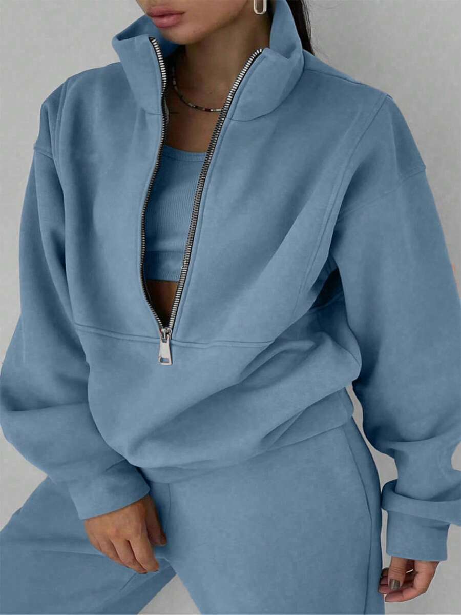 Maweii 2pcs/Set Plus Size Casual Solid Color Stand Collar Sweatshirt & Sweatpants - Baby Blue - View 1
