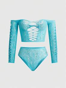 ROMWE Kawaii Women's Sweet & Sexy High Elasticity Mesh Off-Shoulder Bra & Panty Set - Baby Blue - View 1