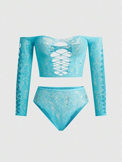 ROMWE Kawaii Women's Sweet & Sexy High Elasticity Mesh Off-Shoulder Bra & Panty Set