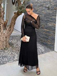 Mélanie ORL Vestido asimétrico de cuello sólido elegante, otoño